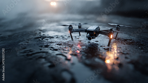 A high-tech drone hovering over a wet, reflective surface during a cold, rainy atmospheric scene, showcasing advanced technology in challenging weather conditions