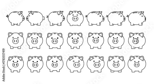 Collection of outline piggy bank illustrations, editable stroke, perfect for infographics, articles, books, flyers, banners, vector cartoon illustrations with a whimsical charm, representing savings