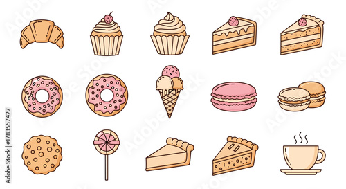 A delightful collection of sweet treats and pastries, including croissants, cupcakes, donuts, ice cream cones, macarons, cookies, lollipops, pie slices, and a steaming cup of coffee, presented as