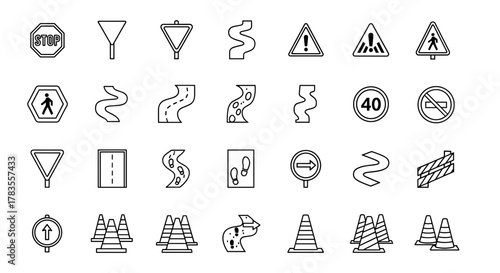 Collection of outline road and traffic signs, including stop signs, pedestrian crossings, speed limits, no smoking signs, winding roads, footpaths, traffic cones, and barriers, perfect for graphic