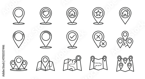 Set of map pin related line icons, outline signs for graphic and web design, apps, adverts, various cards, vector cartoon illustration with a white background. Includes location markers, home, star