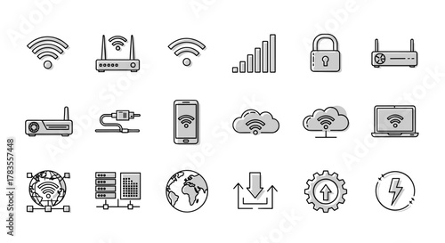 Set of WiFi and Router Related Line Icons: Outline Signs for Graphic and Web Design, Apps, Adverts, Various Cards, Vector Cartoon Illustration with a Modern and Clean Aesthetic, Representing