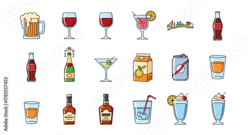 Vibrant Flat Icons Collection: A Diverse Assortment of Alcoholic and Soft Drinks, Including Beer Mug, Wine Glass, Cocktail, Champagne Bottle, Whiskey Bottle, Soda Can, Juice Carton, and More, Perfect