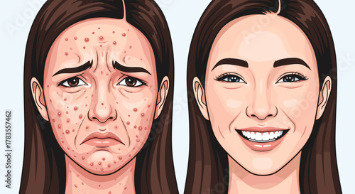 Split image showing a stressed young woman with acne and pimples on one side, contrasted with a happy woman with clear, healthy skin on the other, illustrating skin transformation and confidence