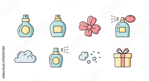 Set of eight perfume-related icons, including various perfume bottles, a pink flower, a cloud, and a gift box, all rendered in a clean, cartoonish vector style with a white background, perfect for