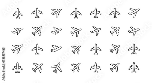 Collection of diverse airplane and aircraft outline icons, perfect for graphic and web design, app development, advertisements, and various card illustrations, presented in a clean vector cartoon