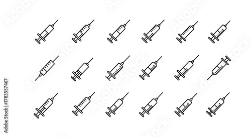 A seamless pattern of simple, minimalistic linear icons of syringes, presented in a clean, modern vector cartoon illustration style, perfect for web design, graphic design, app interfaces, banners