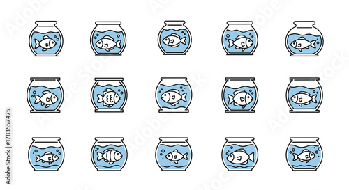 Collection of simple linear icons depicting fish in aquariums, showcasing minimalistic design with clean lines and blue water, perfect for web, graphic design, apps, banners, social networks, and
