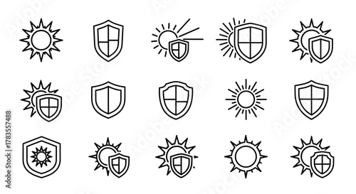 Set of sun and shield line icons, representing protection from the sun, UV protection, and safety. These versatile vector graphics are ideal for graphic design, websites, cards, books, and articles