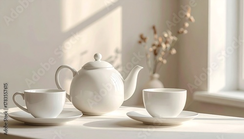Wallpaper Mural A serene shot showcasing a white teapot with two matching teacups on saucers, sunlight adding warmth to a table Torontodigital.ca