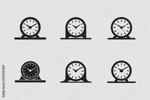 Office Desk Clock Time Display Solid Icons Set
