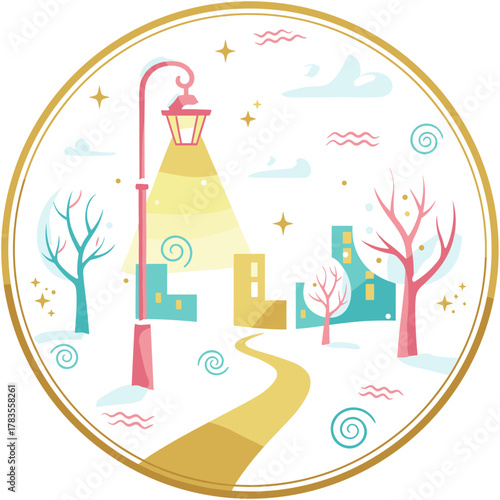 Street lamp illuminating a snowy alleyway leading to high-rise buildings