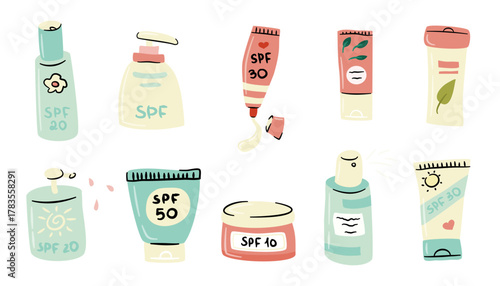 Cartoon sunscreen products set. Hand drawn cosmetic tubes, jars and bottles of cream. 
Summer cosmetic packaging isolated on white.