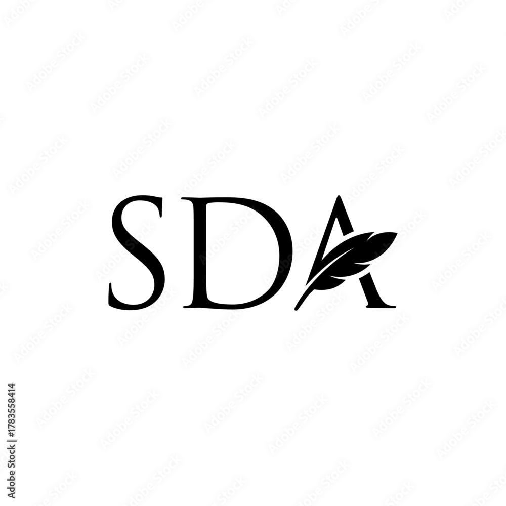 Fototapeta premium Elegant black and white logo featuring the letters SDA with a stylized feather.