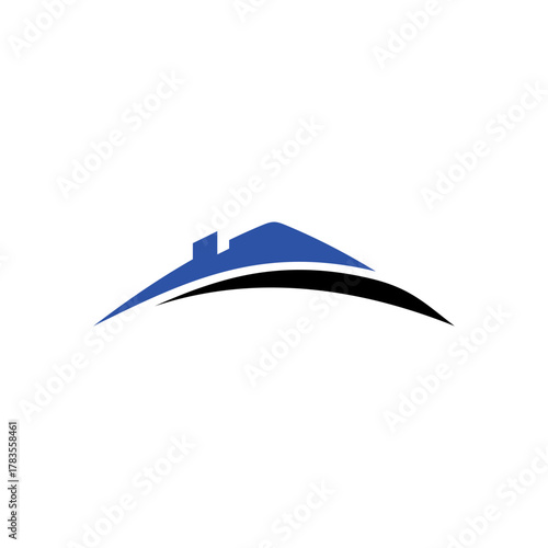 A modern, stylized blue and black arched roof logo on a white background, representing real estate or construction.