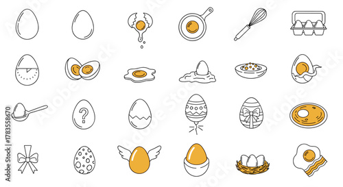 Collection of various egg icons in a thin line style, perfect for apps, websites, banners, infographics, and diverse design projects. Features include whole eggs, cracked eggs, fried eggs, boiled