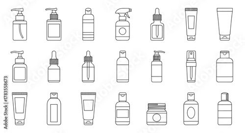 Collection of outline icons for cosmetic bottles and containers, including pump dispensers, dropper bottles, spray bottles, tubes, and jars, perfect for graphic design, web, apps, adverts, and