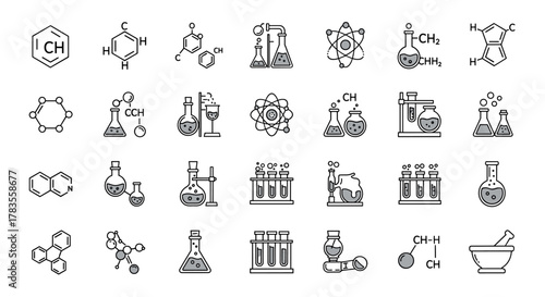 Modern Chemistry Line Icon Pack: A vibrant collection of linear images featuring chemical compounds, laboratory flasks, atoms, and molecular structures, perfect for web design, apps, and cards