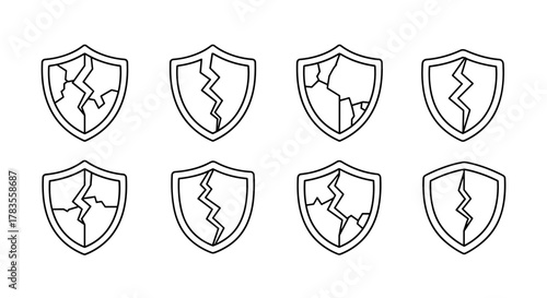 Set of eight cracked shield outline icons, linear design, suitable for graphic and web design, apps, adverts, various cards, vector cartoon illustration on a white background, representing damage