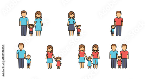 Diverse Family Icon Collection: Featuring Parents with Children in Various Configurations, Representing Different Family Structures and Relationships, Ideal for Graphic Design, App Interfaces, and