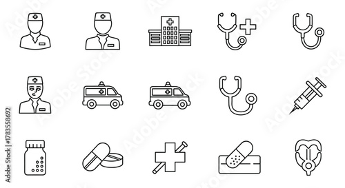 A collection of clean, minimalist line art icons representing medical and healthcare services, including doctors, a hospital building, stethoscopes, an ambulance, various medications like pills and