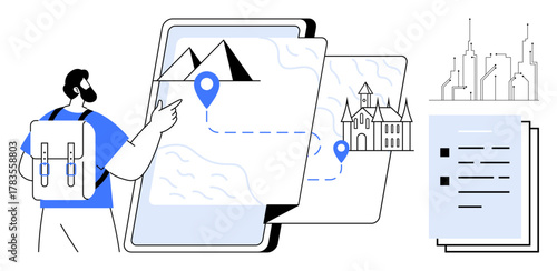 Man examines tablet map with marked locations, mountains, castle, documents, and buildings. Ideal for travel, tourism, planning navigation exploration education technology. Simple flat metaphor