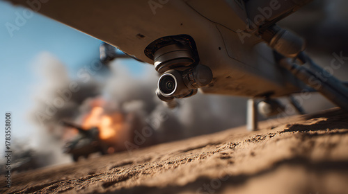 Underbelly View Drone Camera Inspecting Battle Zone Aftermath, Tank Engulfed in Flames