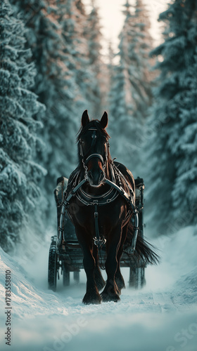 A horse pulls a carriage along a snowy road in a winter forest at dawn.

