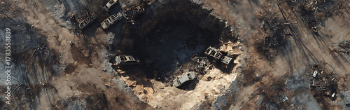 Aerial View of a Bomb Crater in Desolate Landscape Revealing War Damage