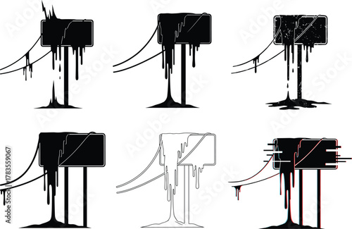 Dripping paint signpost vector set with black white contrast, surreal melting effect, grunge signage, abstract decay, urban street artv