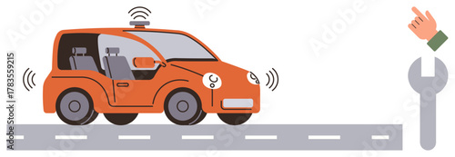 Self-driving car emitting signals on the road alongside a wrench and hand gesture. Ideal for technology, innovation, vehicle automation, repair services, safety testing, AI concepts, simple flat