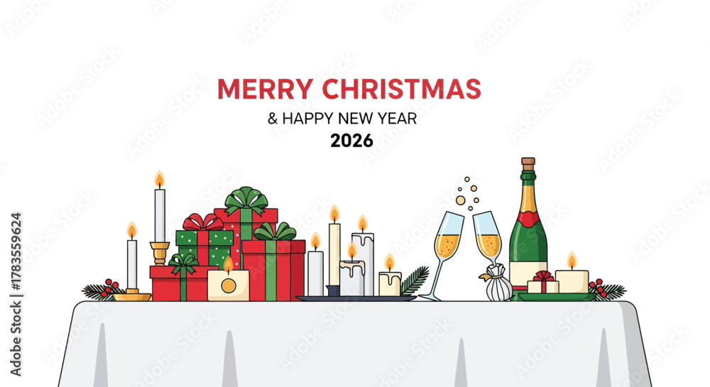 Naklejka premium Merry christmas and happy new year 2026 greeting with festive gifts champagne and candles on a table