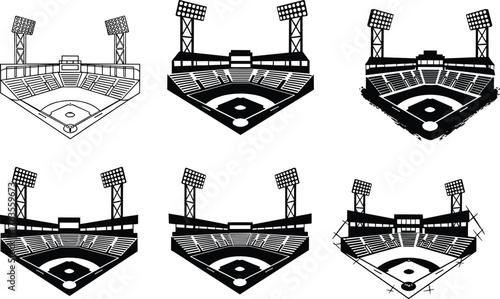 Baseball stadium vector illustrations, black and white artwork, bird’s-eye view, sports architecture, seating and field layout, lighting towers, stylized arena design concept
