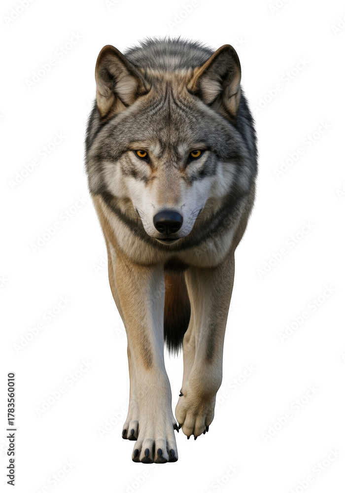 Obraz premium Majestic gray wolf front view staring wild animal canine predator mammal wilderness wildlife nature isolated on transparent background