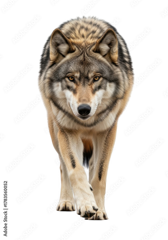 Fototapeta premium Majestic wolf staring directly at the viewer, wild animal, canine predator, wilderness, wildlife photography, furry, isolated on transparent background