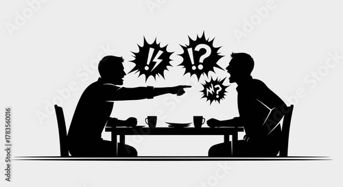 Two silhouetted figures arguing intensely at a table with exclamation and question marks