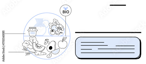 Fresh fruits, vegetables, ceramic jar, grain, and bio label emphasize natural diets. Ideal for organic product ads, sustainability campaigns, healthy eating, agriculture food packaging nature