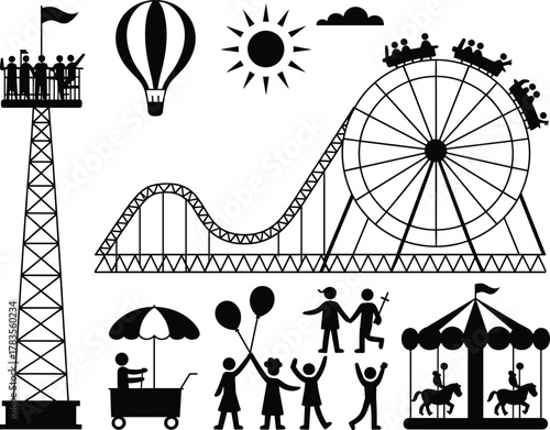 Amusement park scene silhouette, black and white illustration, Ferris wheel, roller coaster, carousel, observation tower, food cart, festive crowd, balloons