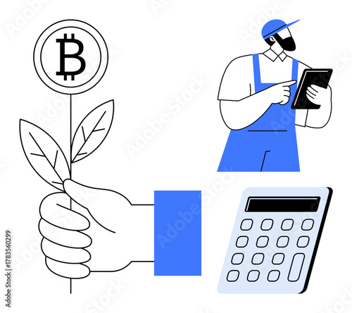 Hand holding plant with Bitcoin sign, farmer using tablet, calculator. Ideal for crypto agriculture, technology, investment, sustainability, digital finance, eco-business simple flat metaphor