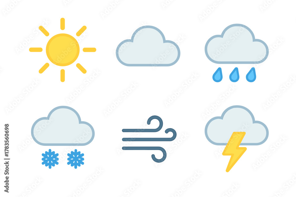 Obraz premium Six flat weather symbols including sun, cloud, rain, snow, wind, and lightning