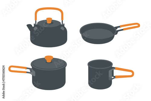 Isometric set of camping cookware including kettle, frying pan, cooking pot, and mug