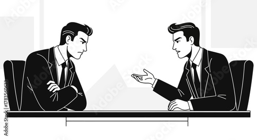 Two businessmen in suits sit opposite each other at a table, one with arms crossed, the other gesturing