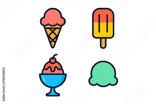 Colorful collection of frozen desserts including ice cream cone, popsicle, sundae, and scoop