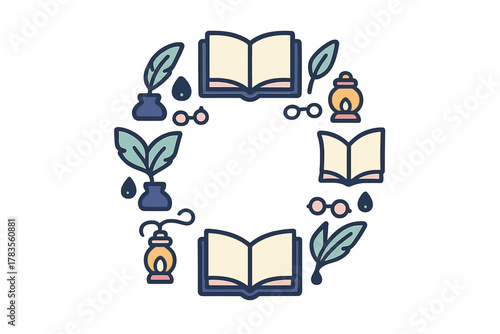 Decorative circle design featuring knowledge and writing icons like open books and quill pens