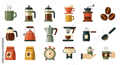 A diverse collection of coffee making equipment and accessories icons.