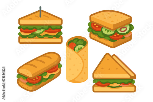 Isometric icons of assorted fresh sandwiches and wraps