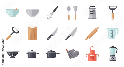 A diverse collection of essential kitchen utensils and cooking tools.