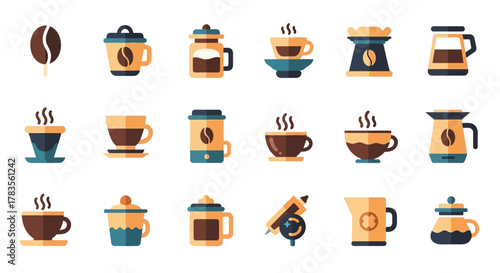 A diverse collection of flat design coffee and beverage icons.