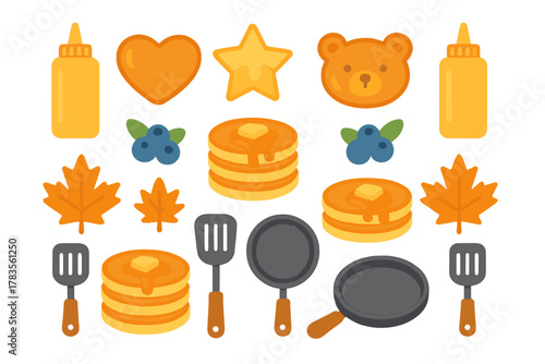 Set of seasonal autumn breakfast food and cooking utensil line icons