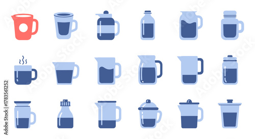 A diverse collection of flat vector icons for various beverage containers.